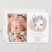 Invitation Aquarelle florale Bébé licorne, Photo Girl Baptism (Devant)