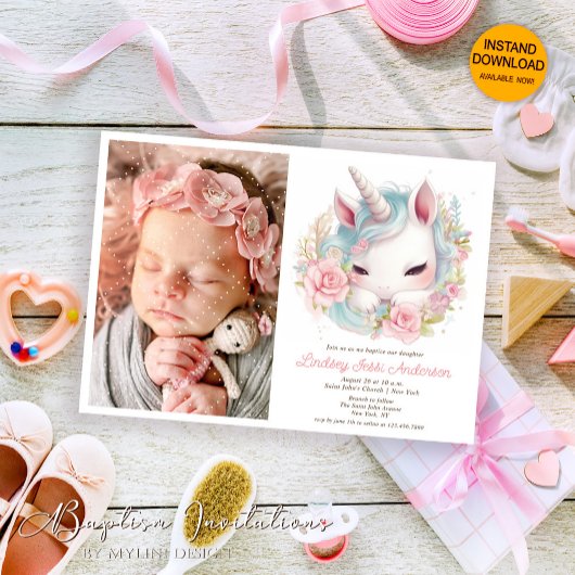 Invitation Aquarelle florale Bébé licorne, Photo Girl Baptism