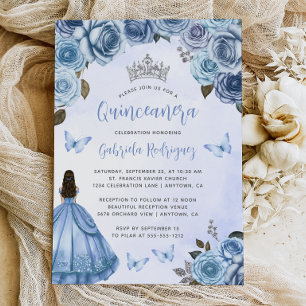 Invitation Aquarelle florale bleu argent Quinceañera