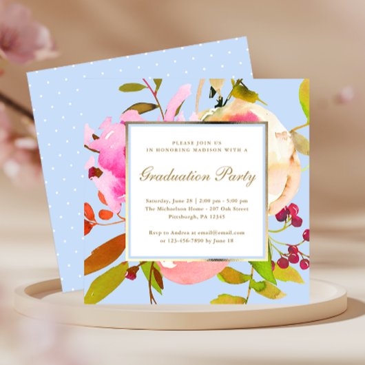 Invitation Aquarelle florale bleu avec les points Graduation