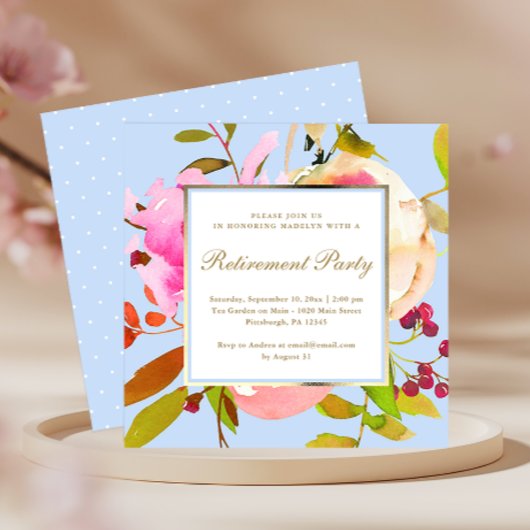 Invitation Aquarelle florale bleu avec partie de retraite des