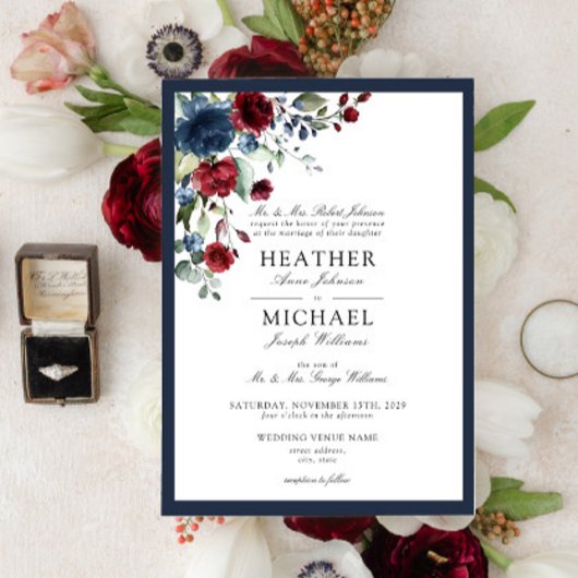 Invitation Aquarelle florale bleu Bourgogne classique