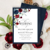Invitation Aquarelle florale bleu Bourgogne marine Script