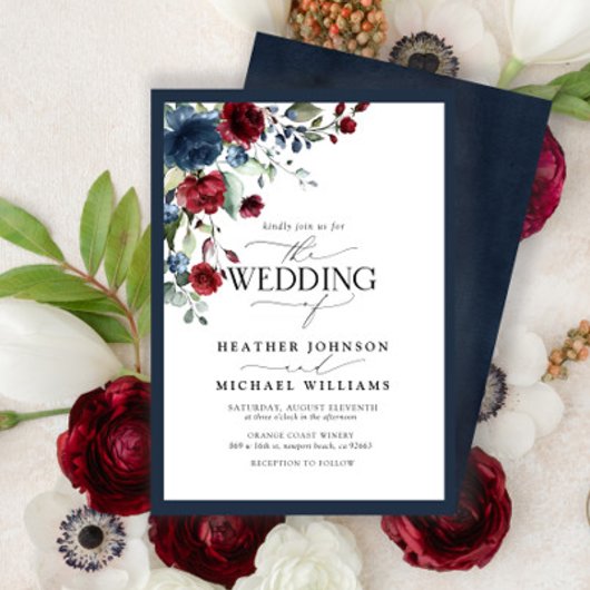 Invitation Aquarelle florale bleu Bourgogne marine Script