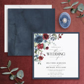 Invitation Aquarelle florale bleu Bourgogne marine Script
