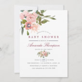 Invitation Aquarelle florale Bleu et Baby shower Bourgogne (Devant)