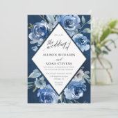 Invitation Aquarelle florale bleu marine or mariage moderne (Debout devant)