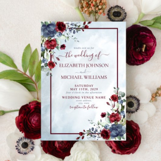 Invitation Aquarelle florale bleu-outremer