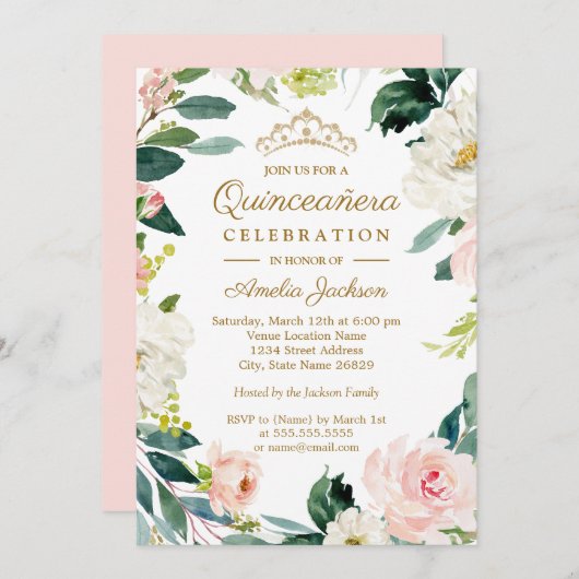 Invitation Aquarelle florale bleu Quinceanera (Devant / Derrière)