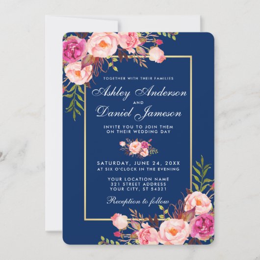 Invitation Aquarelle florale bleu rose Mariage W (Devant)