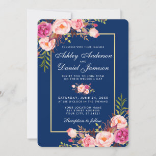 Invitation Aquarelle florale bleu rose Mariage W