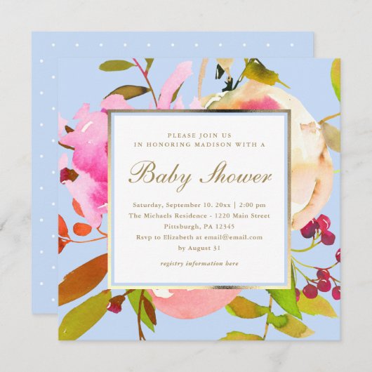 Invitation Aquarelle Florale Bleue avec Baby shower de points (Devant / Derrière)