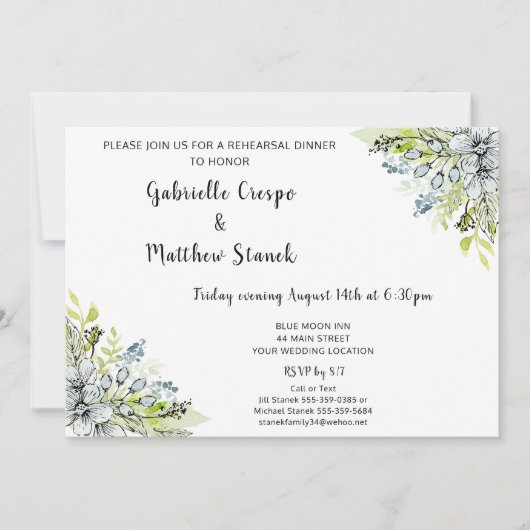 Invitation Aquarelle Florale Bleue Dîner de répétition modern (Devant)