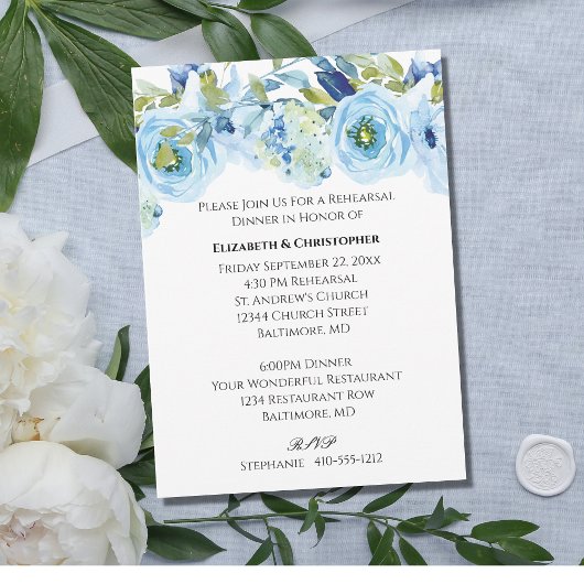 Invitation Aquarelle Florale Bleue Élégante répétition de mar