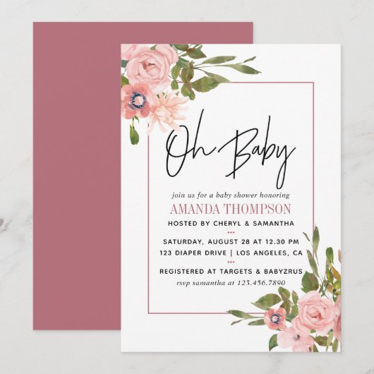 Invitation Aquarelle florale Blush et Baby shower Rose or (Devant / Derrière)