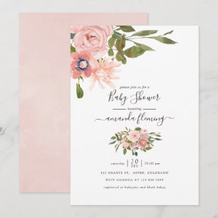 Invitation Aquarelle florale Blush et Baby shower Rose or
