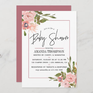 Invitation Aquarelle florale Blush et Baby shower Rose or