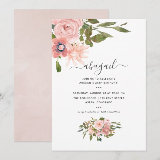 Invitation Aquarelle florale Blush et Rose Gold Anniversaire (Devant / Derrière)