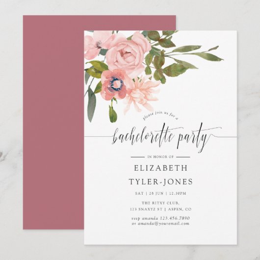 Invitation Aquarelle florale Blush et Rose Gold Bachelorette (Devant / Derrière)