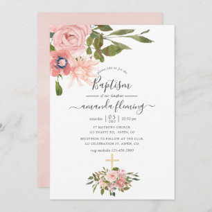 Invitation Aquarelle florale Blush et Rose Gold Baptism