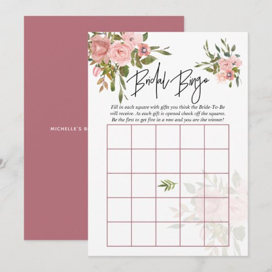 Invitation Aquarelle florale Blush et Rose Gold Bride Bingo (Devant / Derrière)