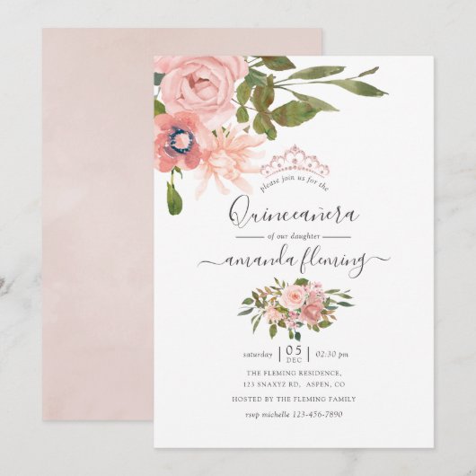 Invitation Aquarelle florale Blush et Rose Gold Quinceañera (Devant / Derrière)