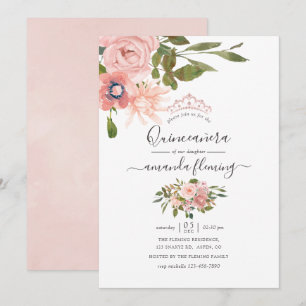 Invitation Aquarelle florale Blush et Rose Gold Quinceañera