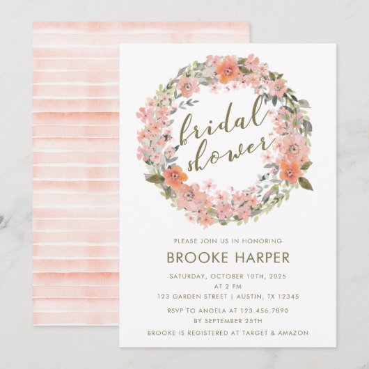 Invitation Aquarelle florale Blush Fête des mariées de couron (Devant / Derrière)