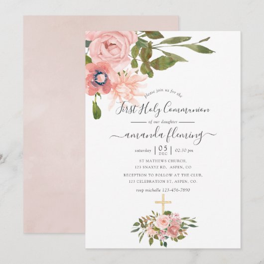 Invitation Aquarelle florale Blush & Rose Gold Holy Communion (Devant / Derrière)