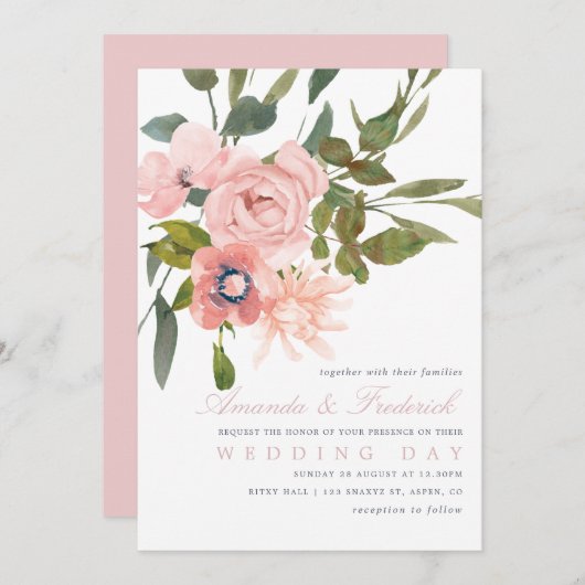 Invitation Aquarelle florale Blush Rose Mariage Inviter (Devant / Derrière)