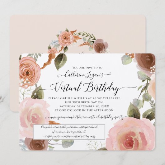 Invitation Aquarelle florale Blush virtuelle Wreath Anniversa (Devant / Derrière)