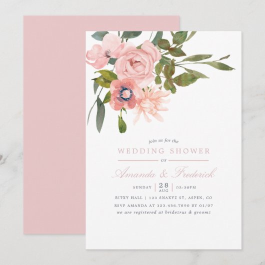 Invitation Aquarelle florale Blush Wedding shower rose Invita (Devant / Derrière)