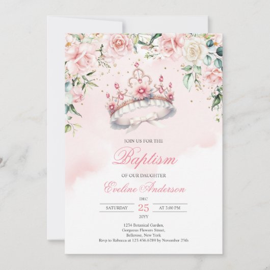 Invitation Aquarelle florale blush wreath Baptism tiara (Devant)