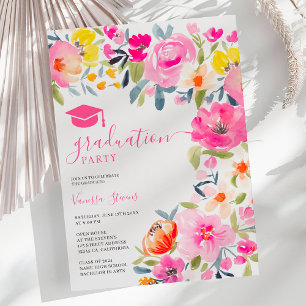 Invitation Aquarelle florale bohème graduation rose