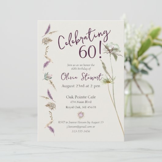Invitation Aquarelle florale Boho 60e anniversaire (Debout devant)