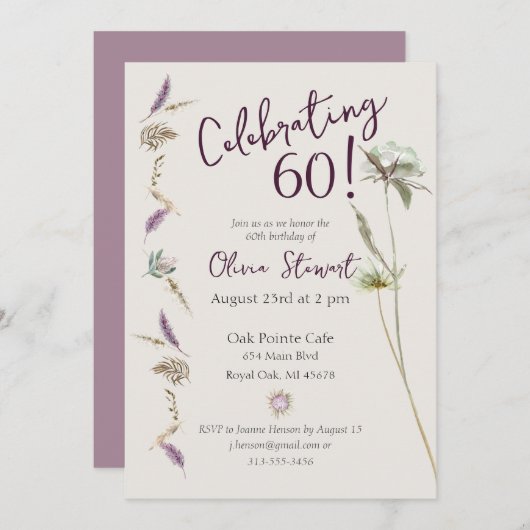 Invitation Aquarelle florale Boho 60e anniversaire (Devant / Derrière)