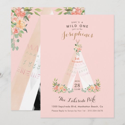 Invitation Aquarelle Florale Boho Tribal Teepee Wild One (Devant / Derrière)