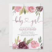 Invitation Aquarelle florale bordeaux bleu baby shower fille (Devant)