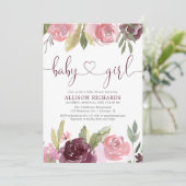 Invitation Aquarelle florale bordeaux bleu baby shower fille (Debout devant)