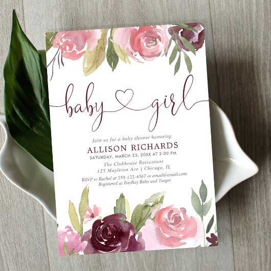 Invitation Aquarelle florale bordeaux bleu baby shower fille