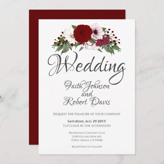 Invitation Aquarelle Florale Bourgogne Blanc-Blanc (Devant / Derrière)