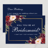 Invitation Aquarelle Florale Bourgogne Bleue Bridesmaid (Devant / Derrière)