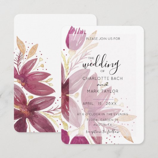 Invitation Aquarelle Florale Bourgogne et Gold Invi (Devant / Derrière)