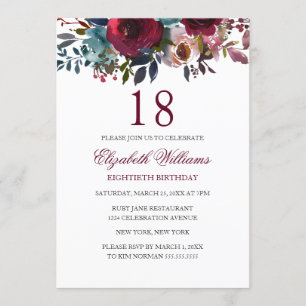 Invitation Aquarelle florale bourguignonne 18e anniversaire I
