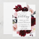 Invitation Aquarelle Florale Burgundy Blush Le Mariage (Devant / Derrière)