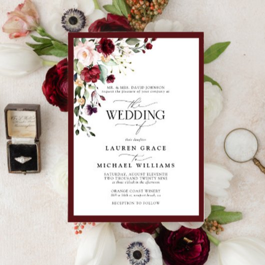 Invitation Aquarelle florale Burgundy Formelle Script Inv