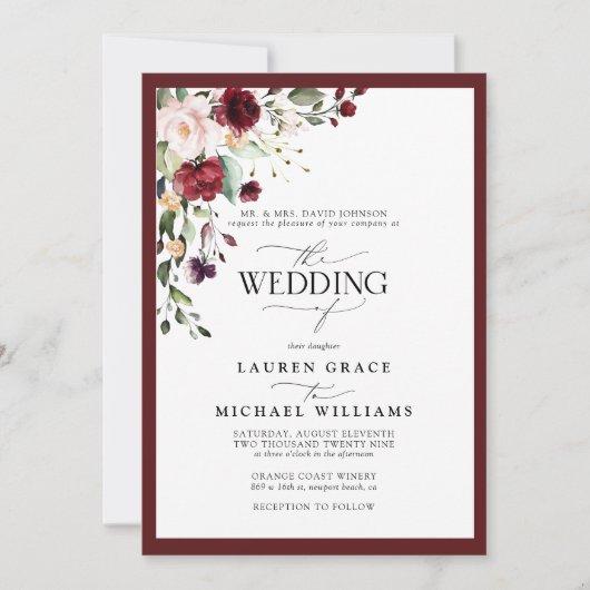 Invitation Aquarelle florale Burgundy Formelle Script Inv (Devant)