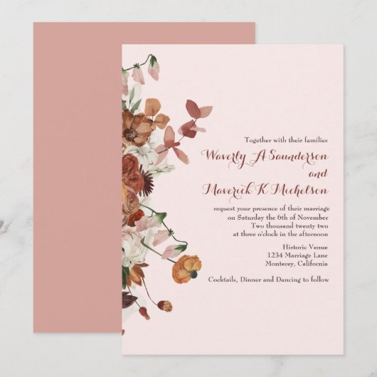 Invitation Aquarelle Florale Burnt Orange Dusty Mariage Rose (Devant / Derrière)