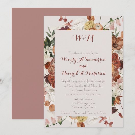 Invitation Aquarelle Florale Burnt Orange Dusty Rose Élégant (Devant / Derrière)