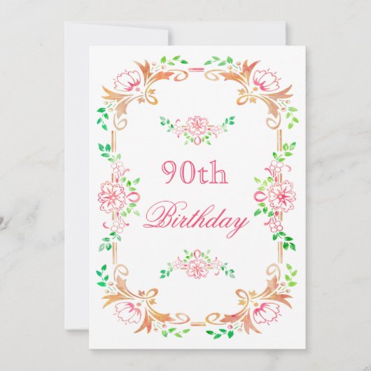 Invitation Aquarelle florale chic 90e anniversaire double fac (Devant)